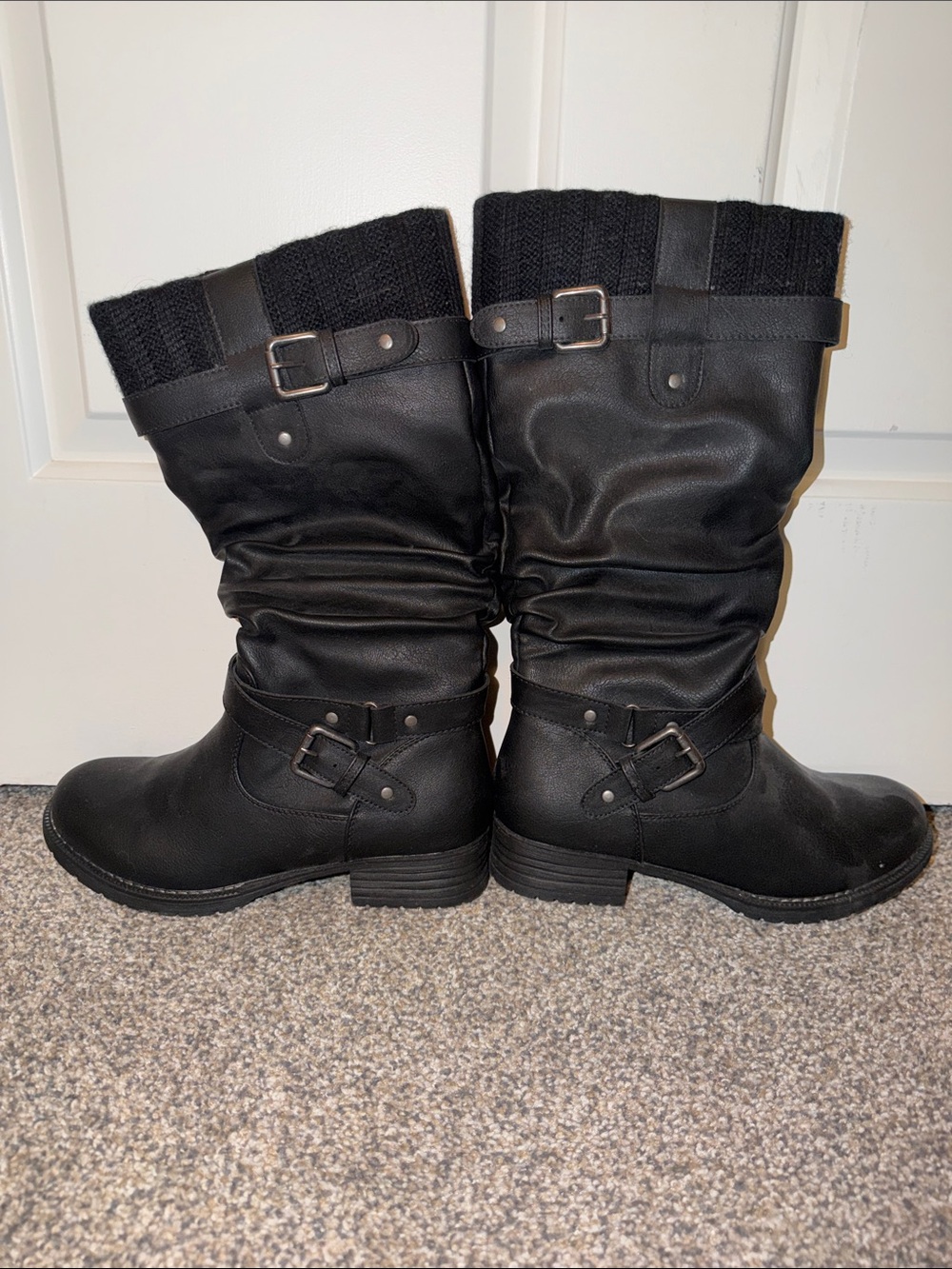 Global Win Black Mid-Calf Buckle Heeled Boots